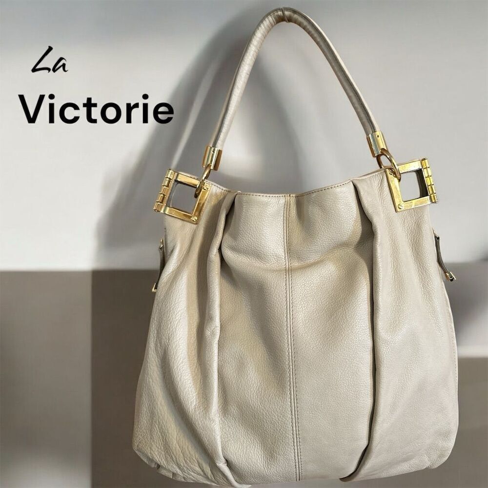 La Victoire Vintage Off White Cream Soft Leather Gold Hardware Shoulder Bag